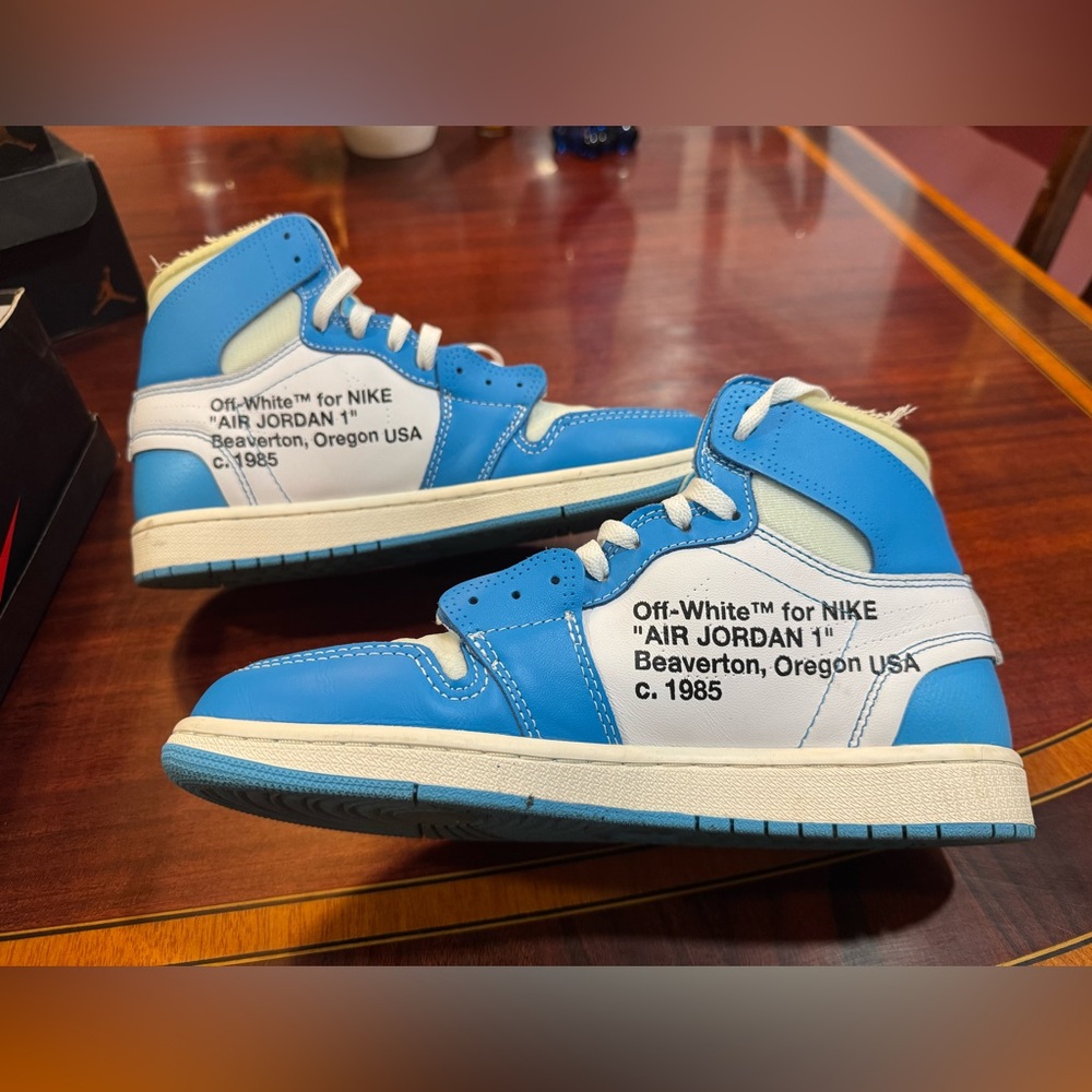 Nike Men’s Jordan 1 Off White Blue and White Sneakers - Picture 2 of 16